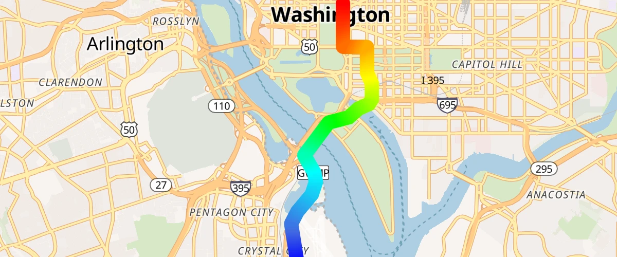 Use the line-gradient paint property and an expression to visualize distance from the starting point of a line.