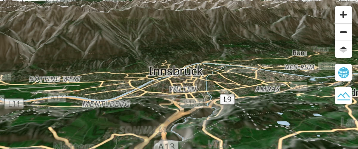 Display a hybrid satellite map with terrain elevation.