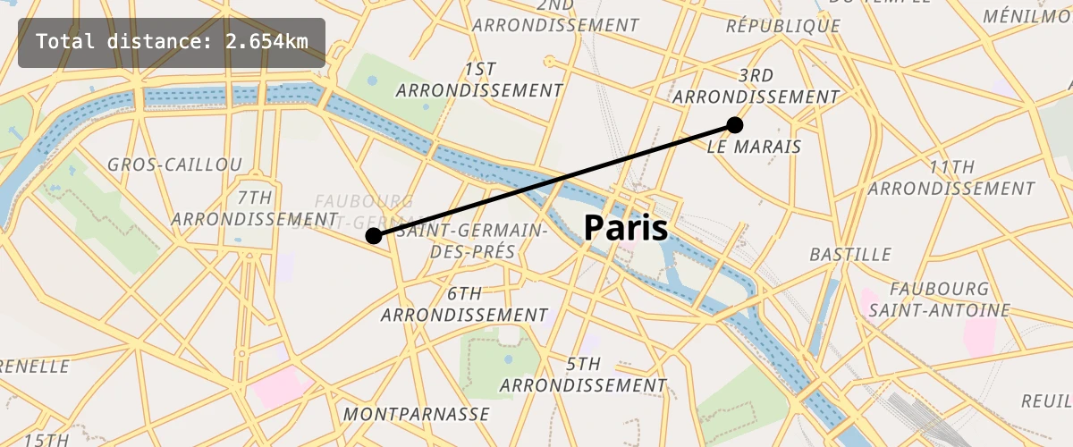 Click points on a map to create lines that measure distanced using turf.length.