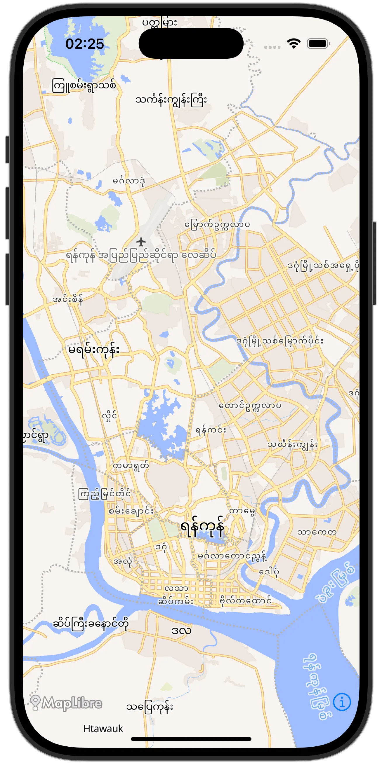 Map showing Myanmar with complex script rendering
